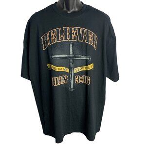 Vintage Mens Religious Tee John 3:16 Believer 2XL Black Crewneck Big Print